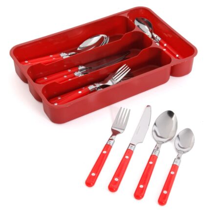 The Christmas Boutique 24 Piece Casual Living Stainless Steel Red Handle Flatware Set with Silverware Caddy